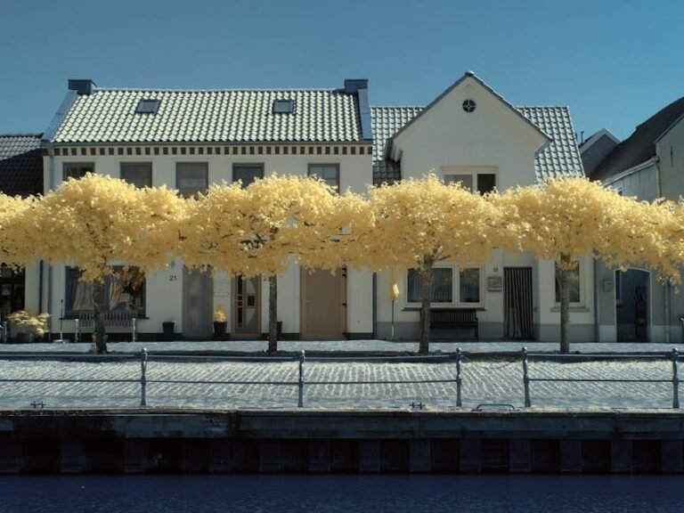Infrared image of charming houses with bright yellow trees in Weener, Germany.