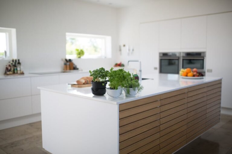 Spacious, light-filled kitchen with modern design and fresh herbs on the counter.