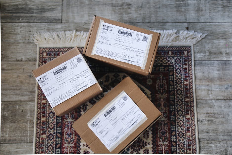 Three labeled delivery boxes placed on a decorative rug over a wooden floor.